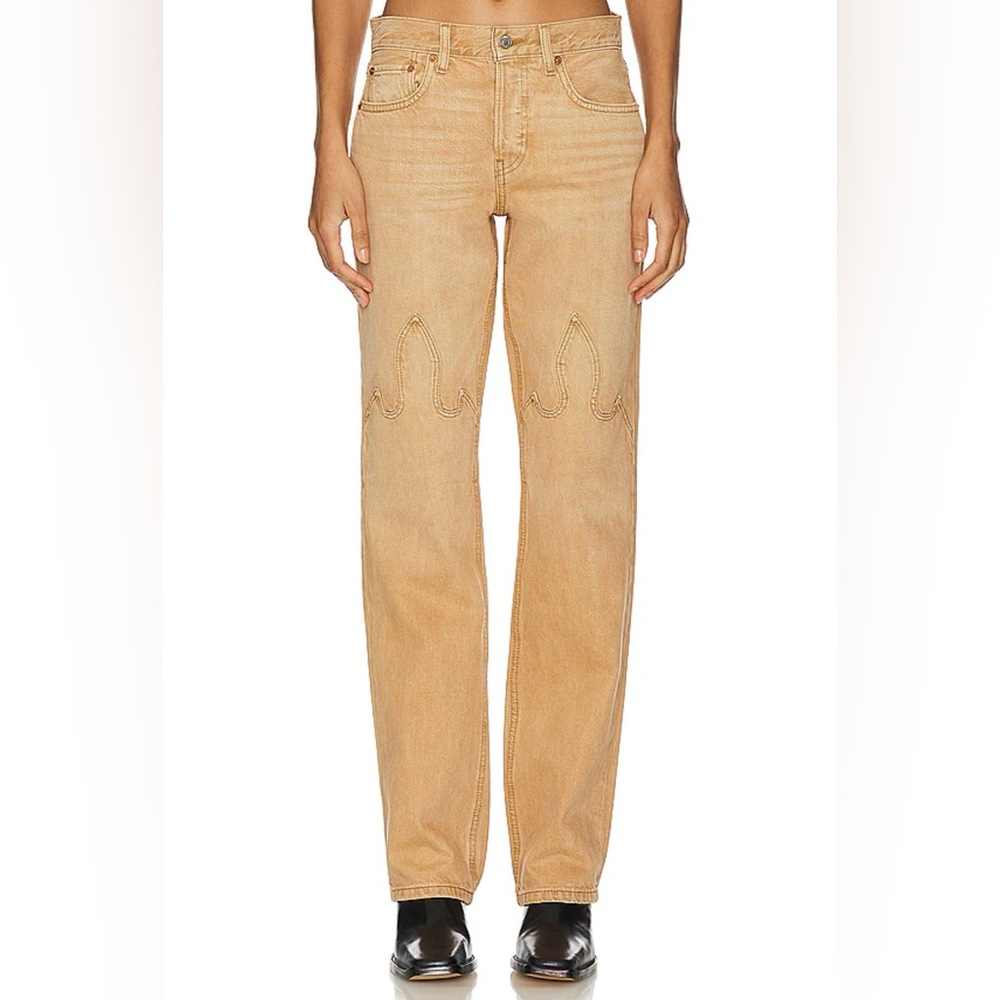 Re/Done Straight Leg Jeans in Light Tan with Decorative Knee Stitching